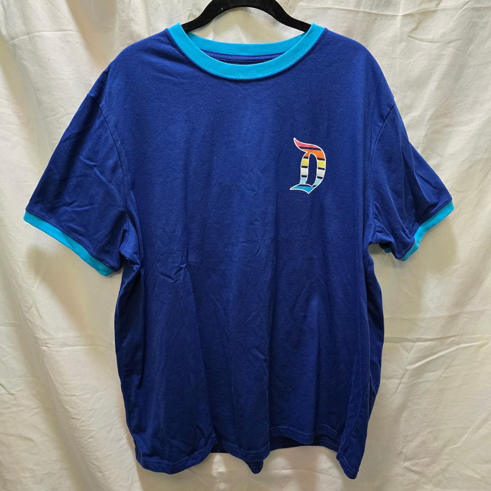 Disneyland T Shirt Blue Retro Rainbow Striped Ringer Tee Happiest Place Large